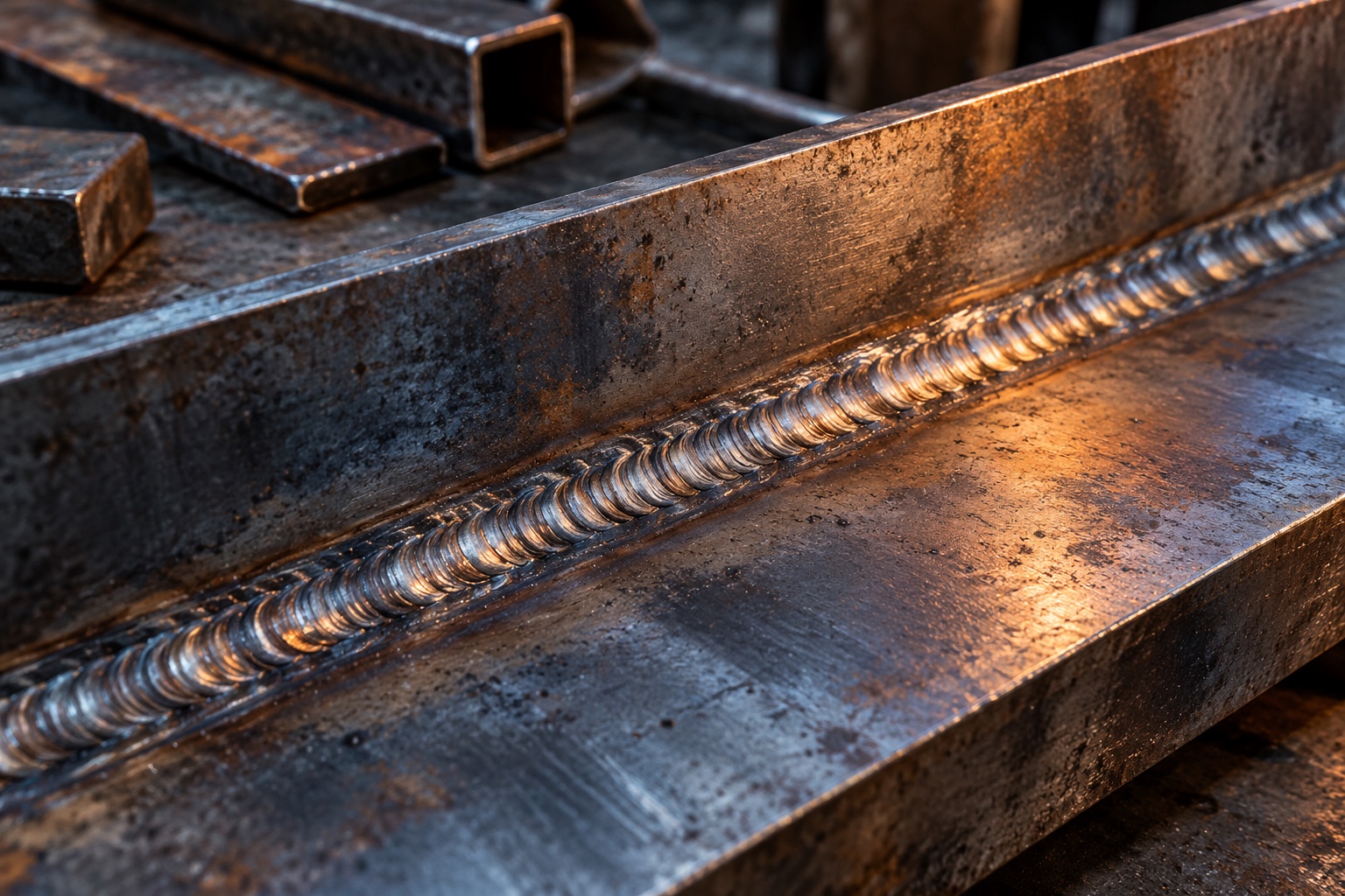 Illustrative AI-generated close-up of joined steel plates and a weld bead